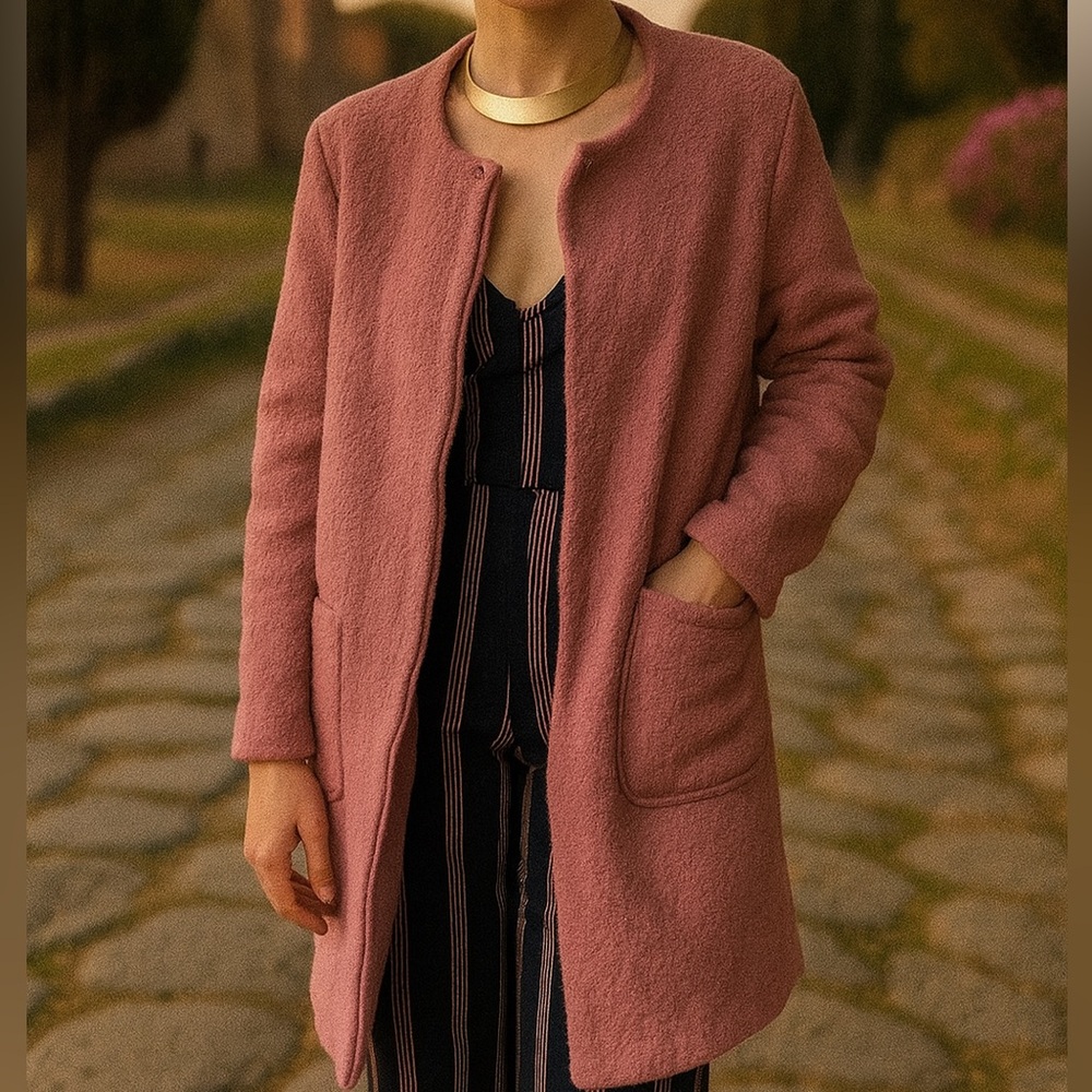 Max Studio Pink Wool Blend Long Line Zip Down Jacket Blazer Size Large - Picture 2 of 13